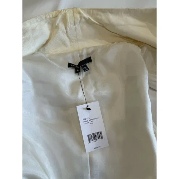 VINCE Asymmetric Leather Linen Moto Vest Sz L Cream Ivory White Zip MSRP $625